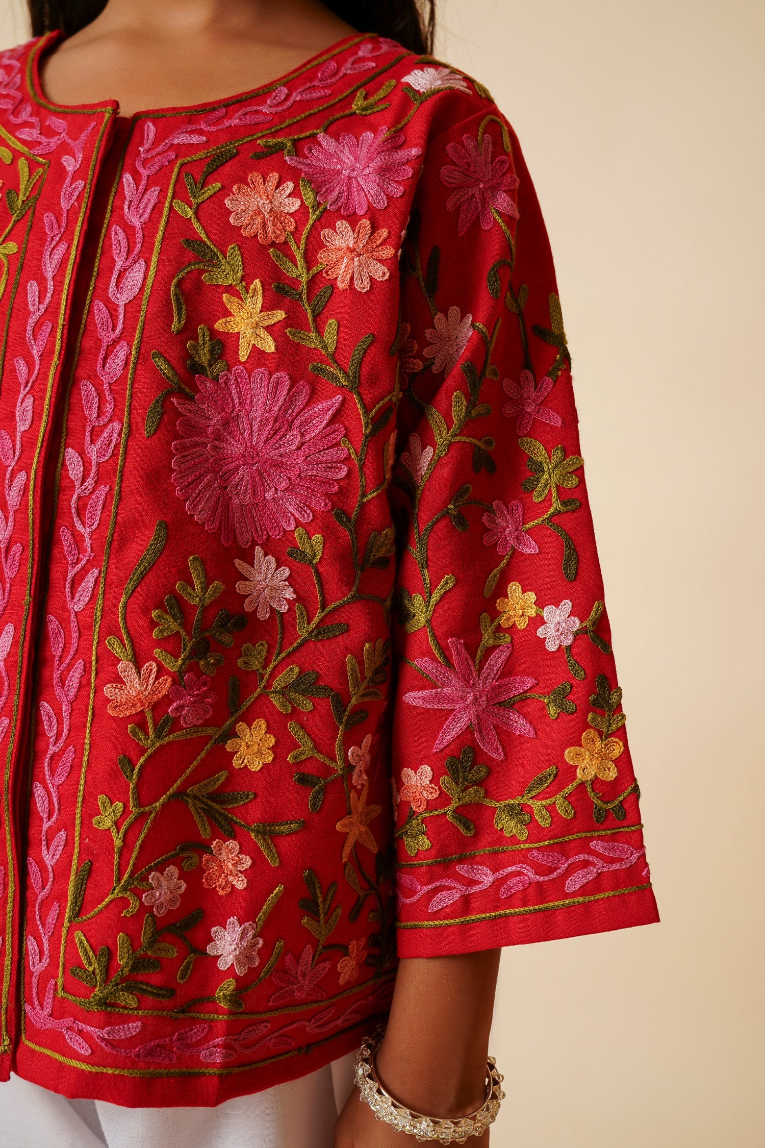 Kashmiri Aari Cotton Jacket for Kids – Red