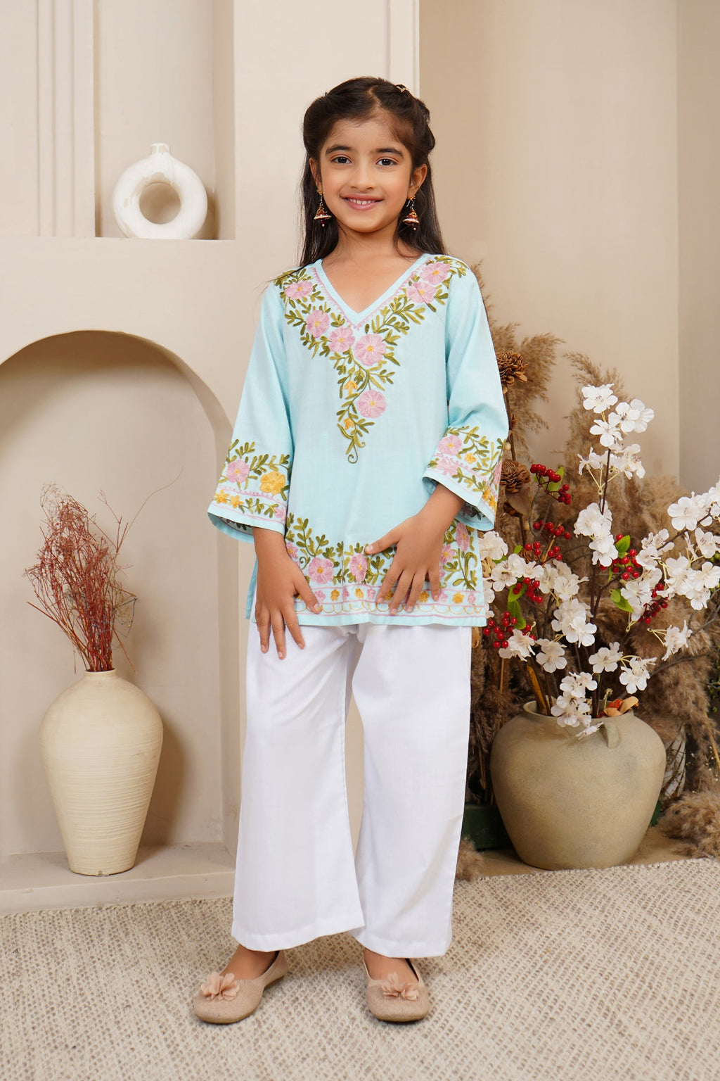 Kashmiri Aari Cotton Kurta for Kids – Sky Blue