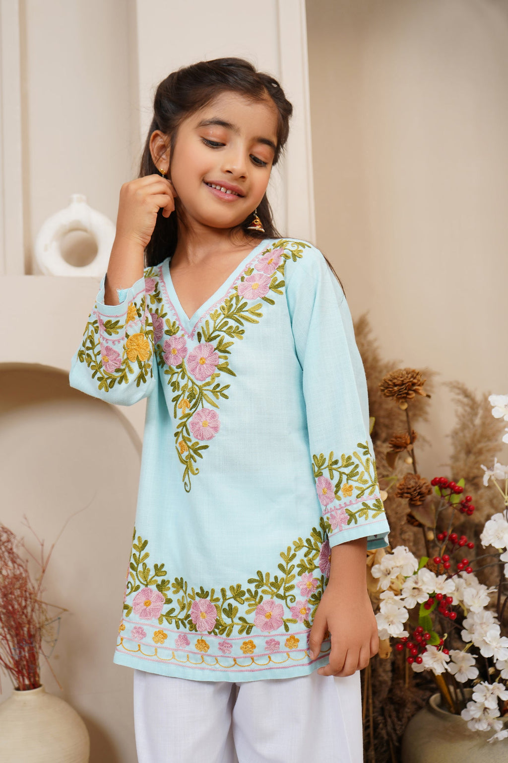 Kashmiri Aari Cotton Kurta for Kids – Sky Blue