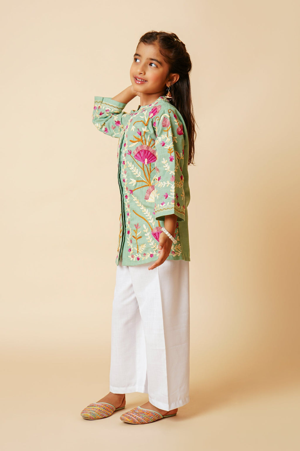 Kashmiri Aari Cotton Jacket for Kids - Pista Green