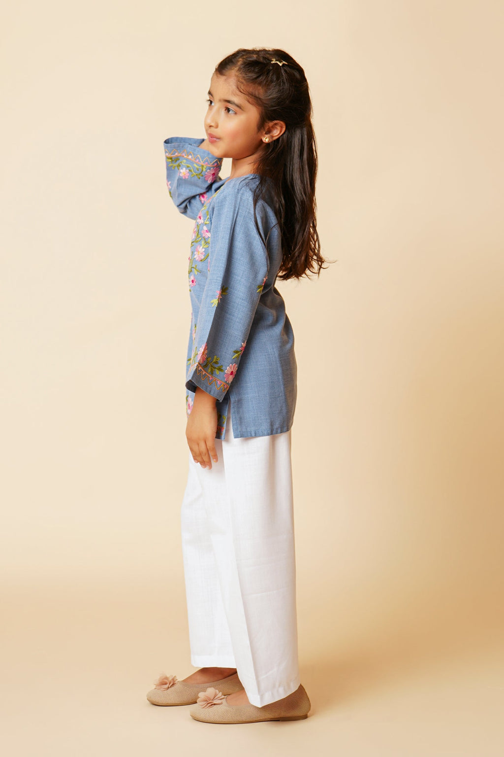Kids Kashmiri Aari Denim Cotton Kurta