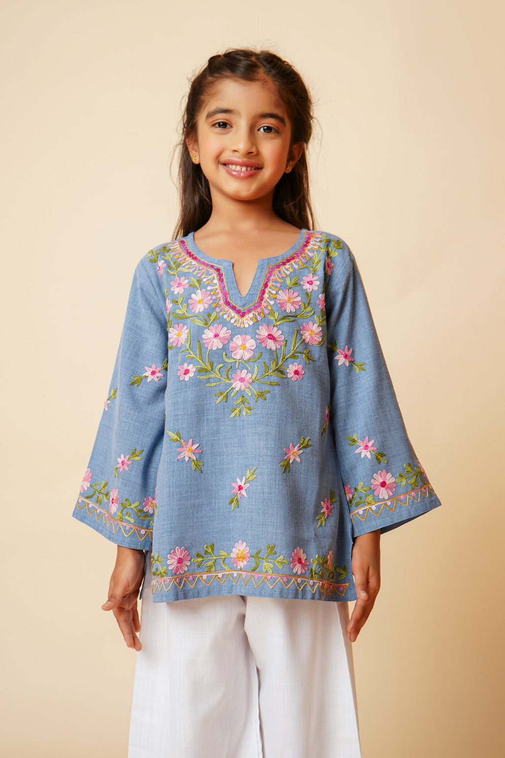 Kids Kashmiri Aari Denim Cotton Kurta