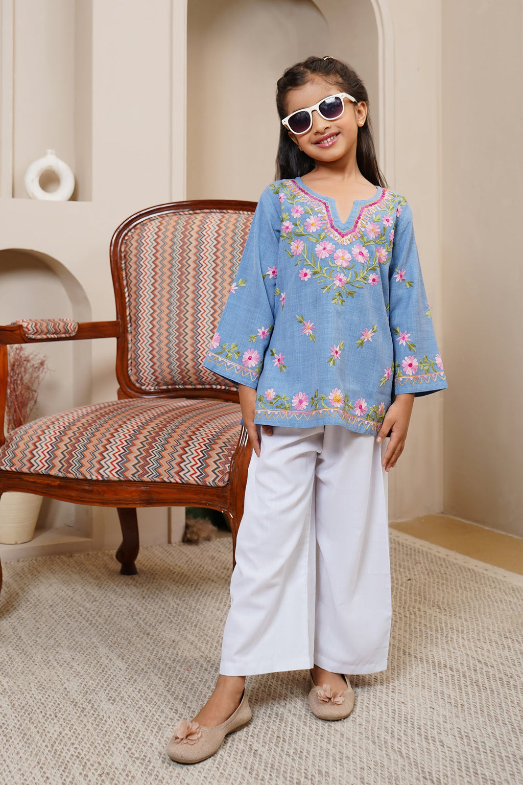Kids Kashmiri Aari Denim Cotton Kurta