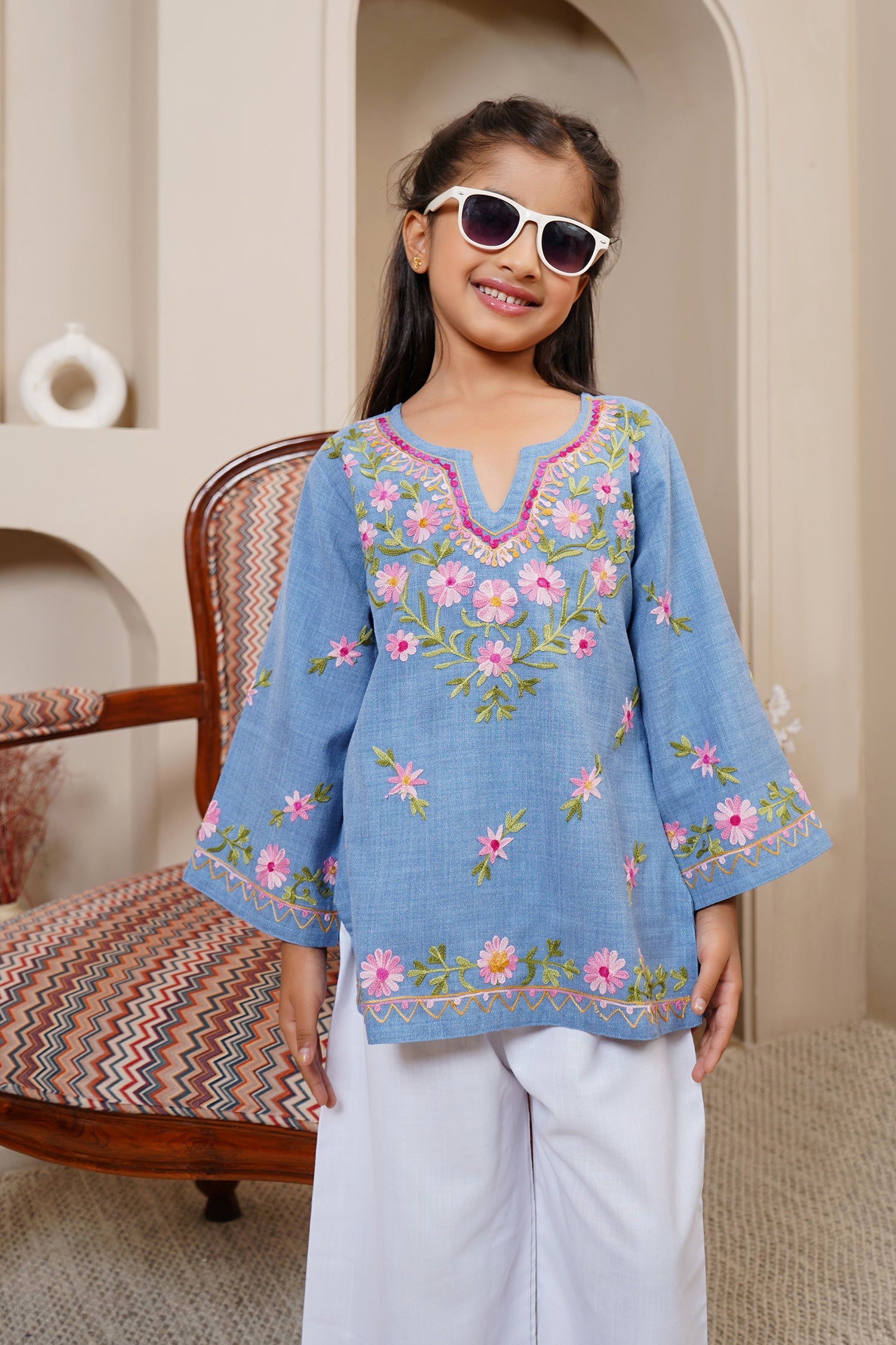 Kids Kashmiri Aari Denim Cotton Kurta