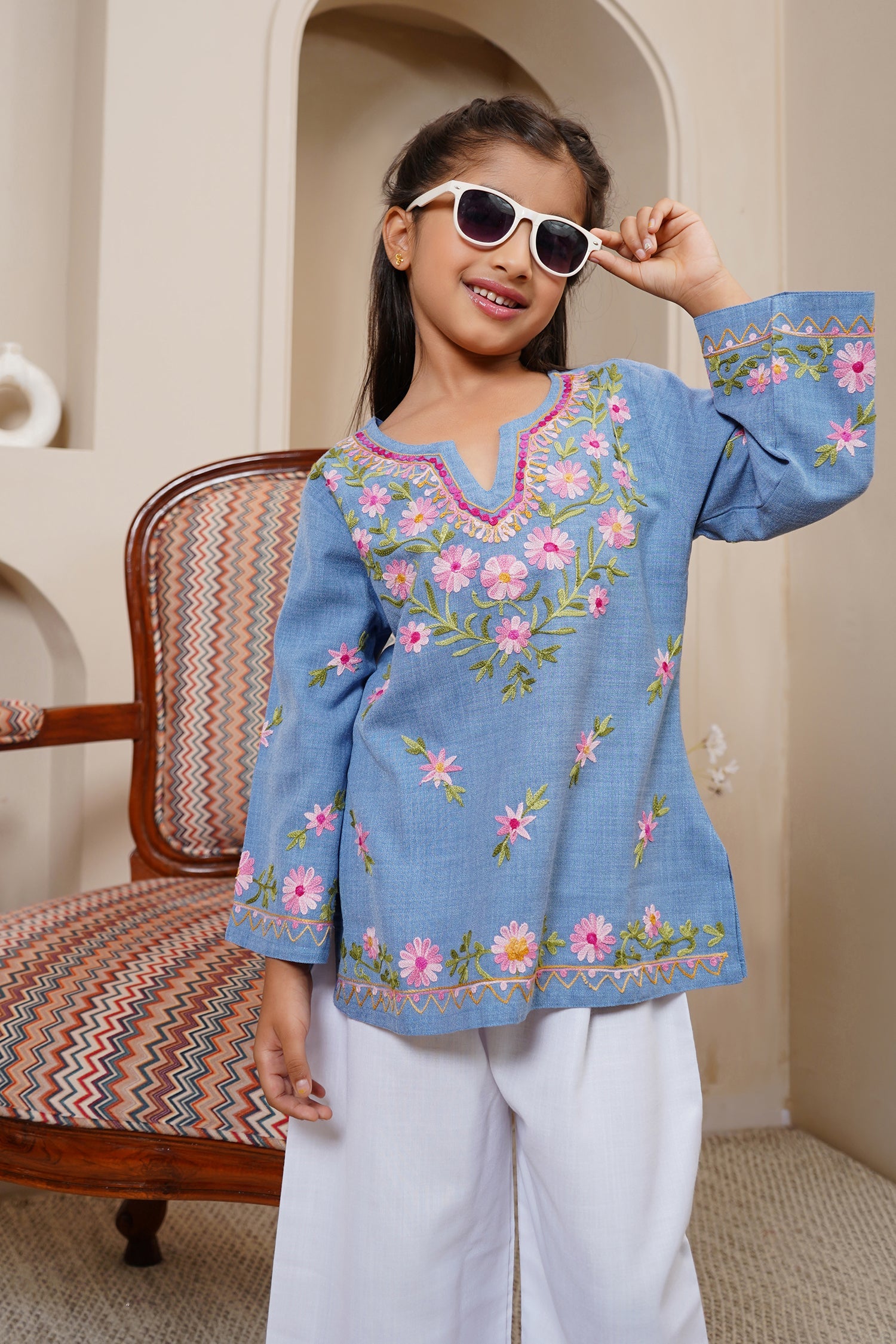 Kids Kashmiri Aari Denim Cotton Kurta