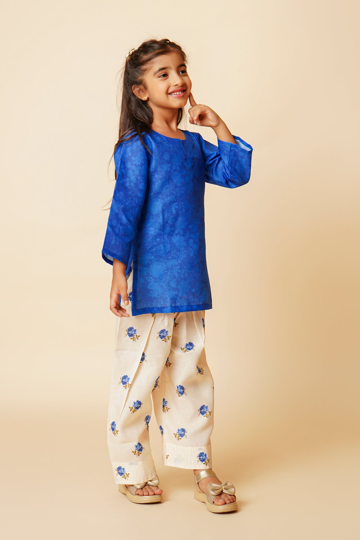 Printed Lawn Cotton Co-ord Set for Kids – Blue & Cream
