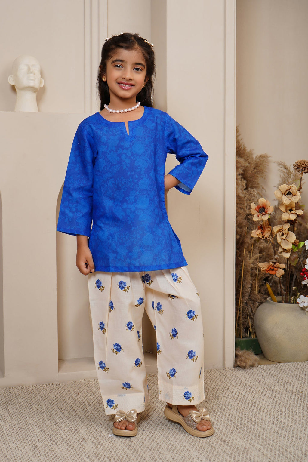 Printed Lawn Cotton Co-ord Set for Kids – Blue & Cream