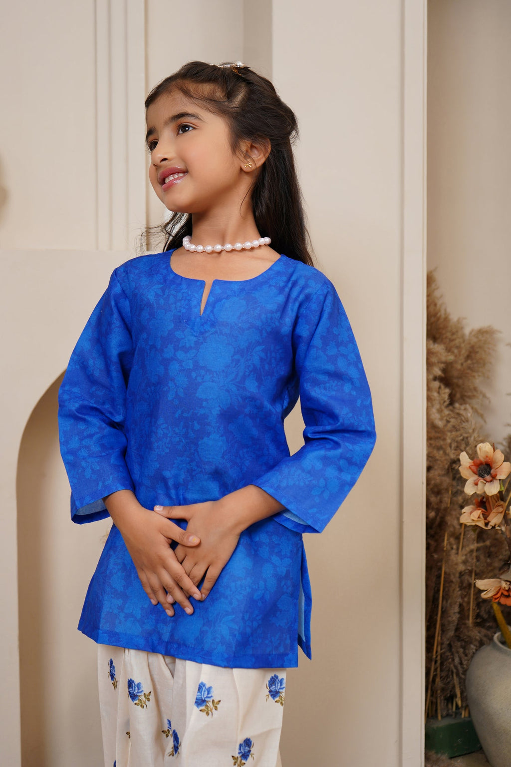 Printed Lawn Cotton Co-ord Set for Kids – Blue & Cream