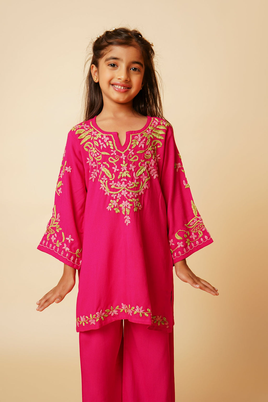 Chikankari Rayon Cotton Kurta Set for Kids – Fuchsia Pink
