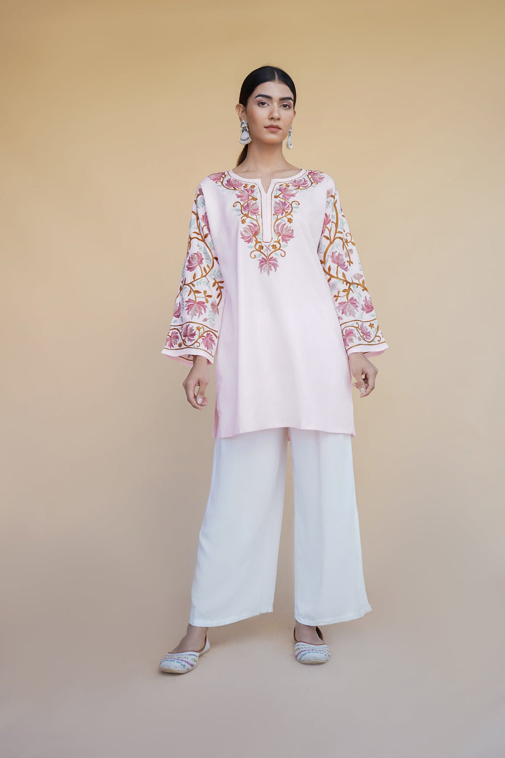 Plus Size - Kashmiri Aari Work Cotton Short Kurta – Pink