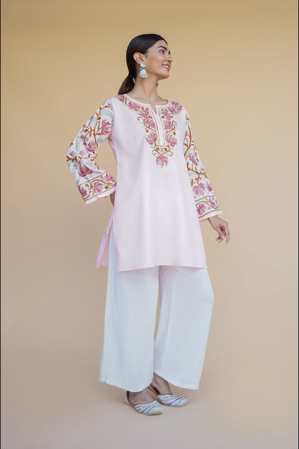 Plus Size - Kashmiri Aari Work Cotton Short Kurta – Pink