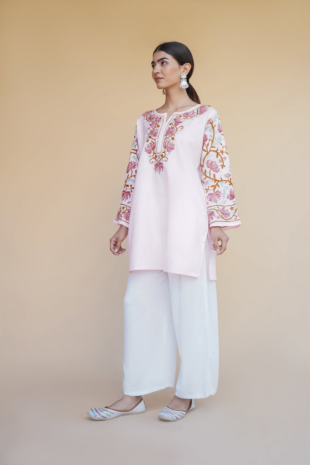 Plus Size - Kashmiri Aari Work Cotton Short Kurta – Pink
