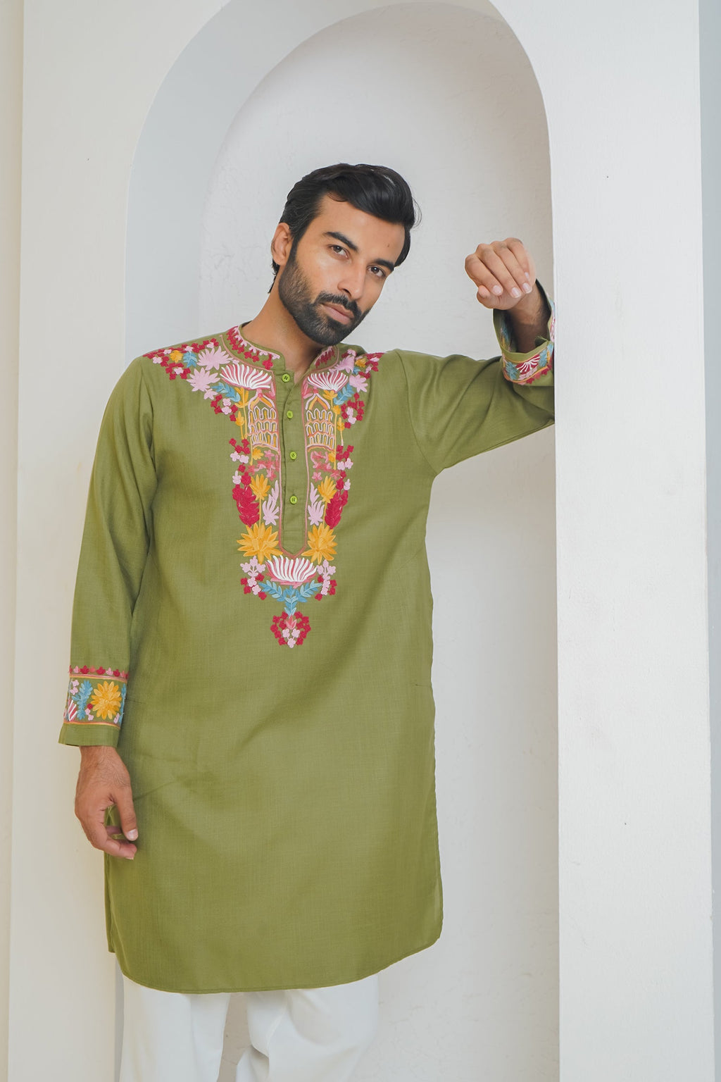 Cotton Arri Work Kurta for Men – Olive Green