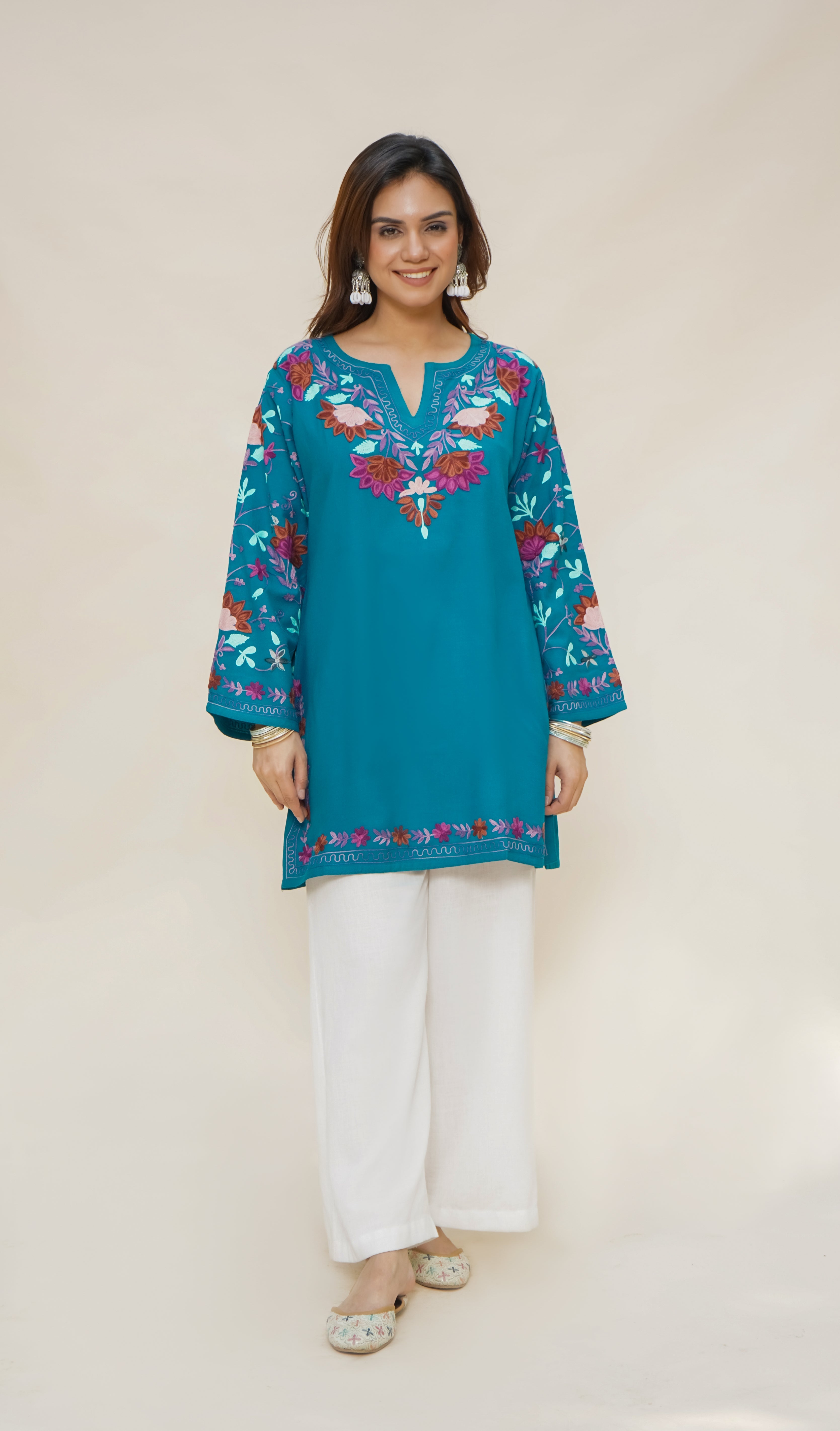 Cotton Kashmiri Aari Short Kurta – Tourquise