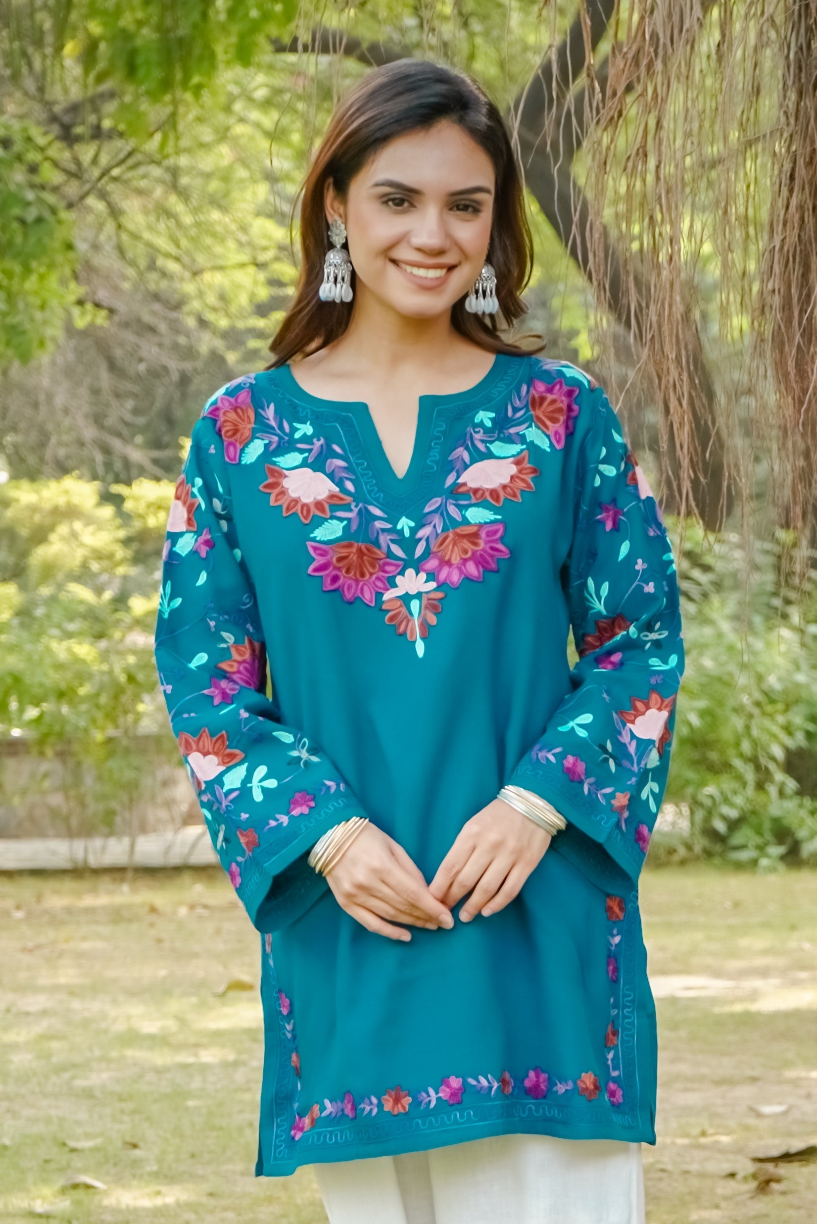 Cotton Kashmiri Aari Short Kurta – Tourquise