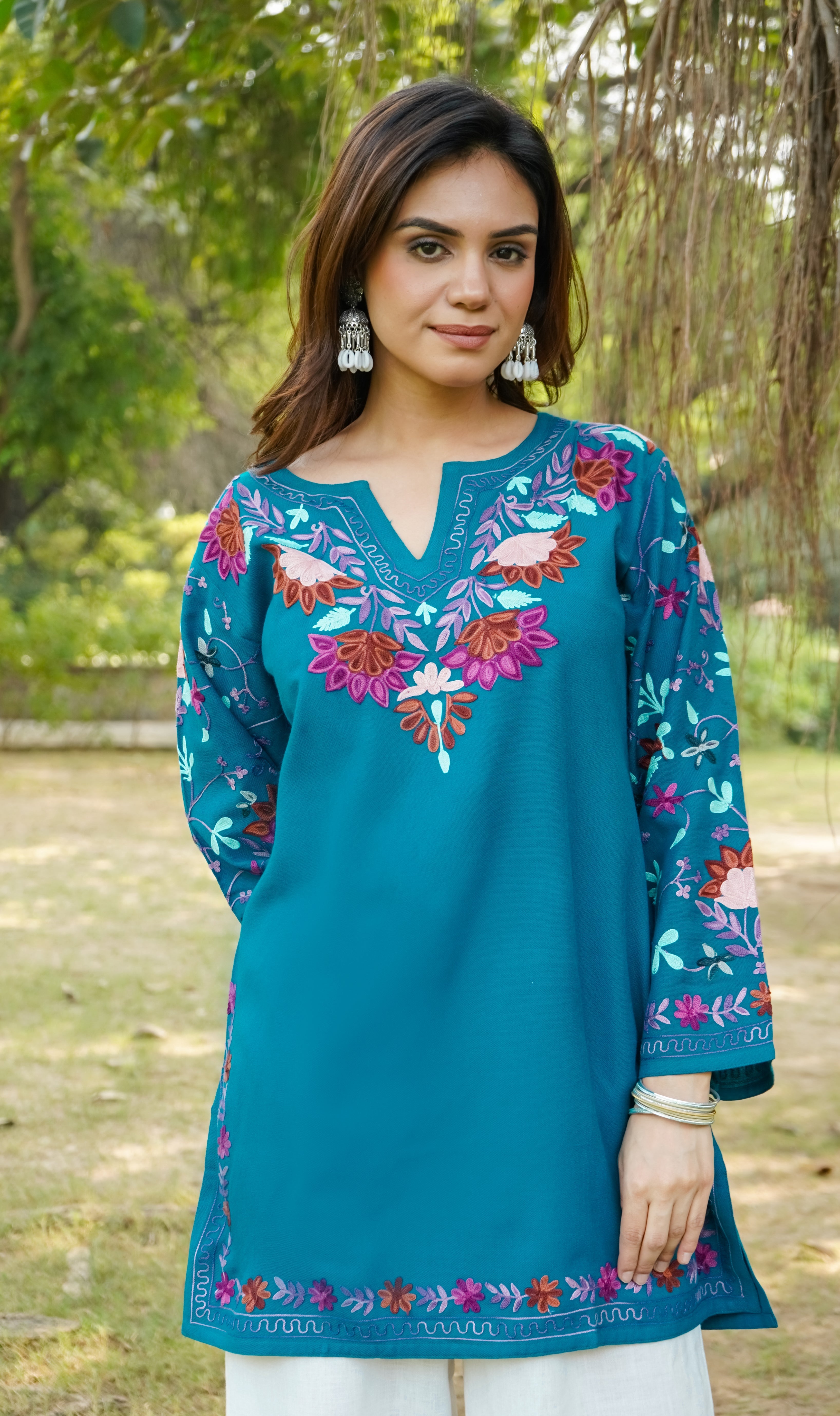 Cotton Kashmiri Aari Short Kurta – Tourquise