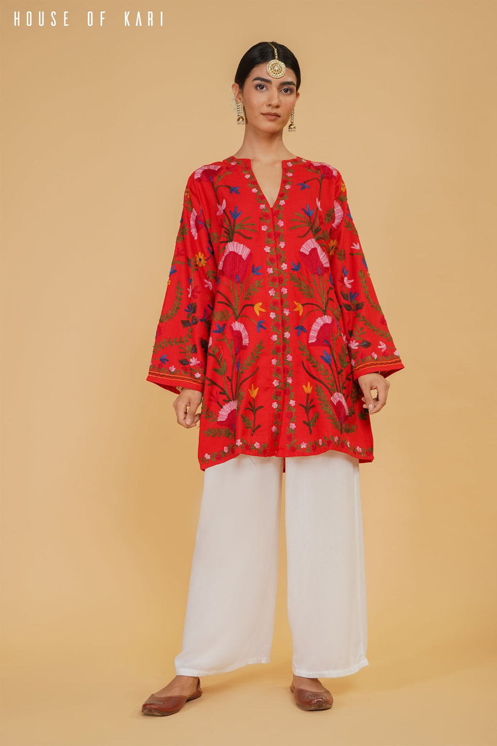 Plus Size - Kashmiri Aari Work Cotton Kurta Jacket – Red
