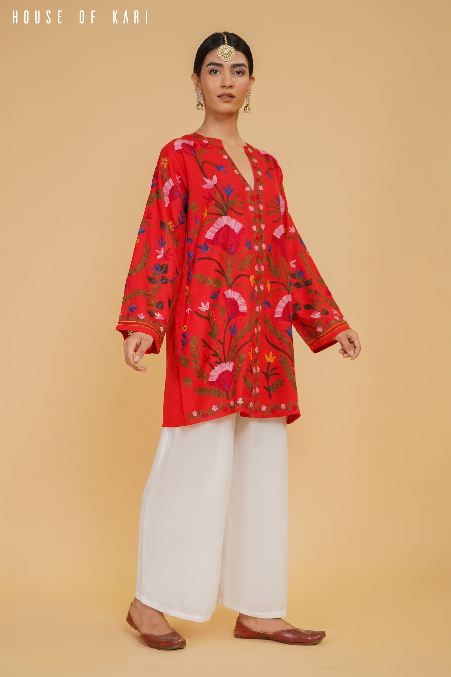Plus Size - Kashmiri Aari Work Cotton Kurta Jacket – Red
