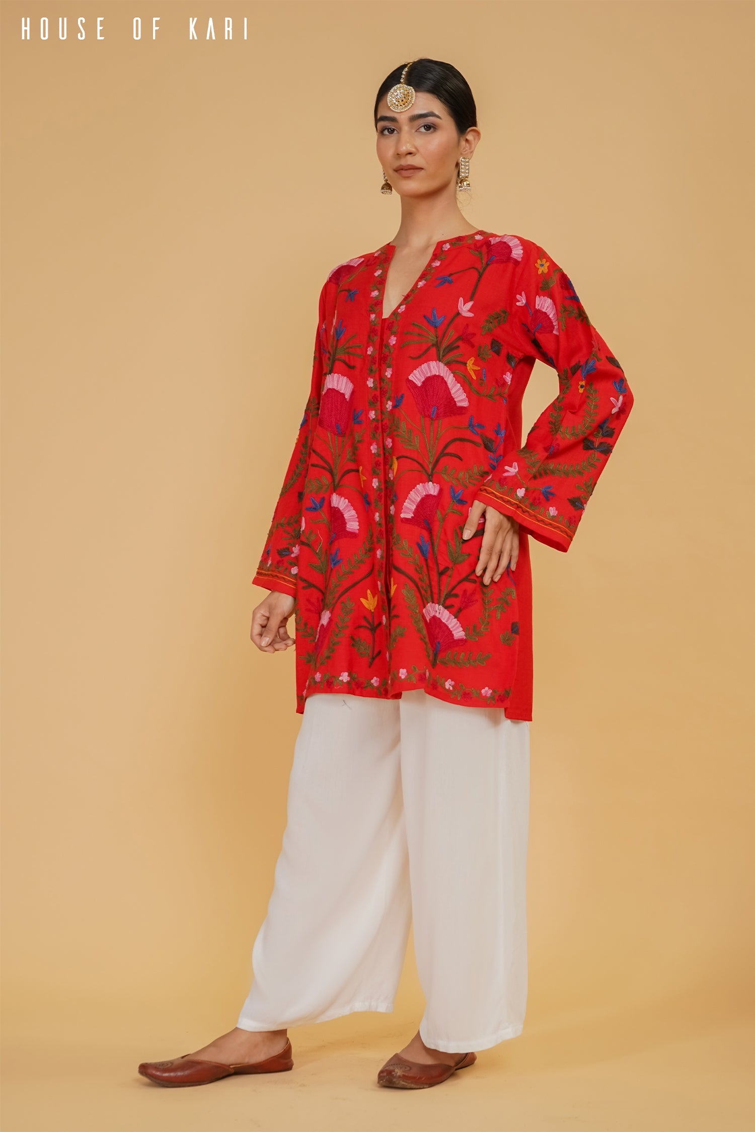 Plus Size - Kashmiri Aari Work Cotton Kurta Jacket – Red