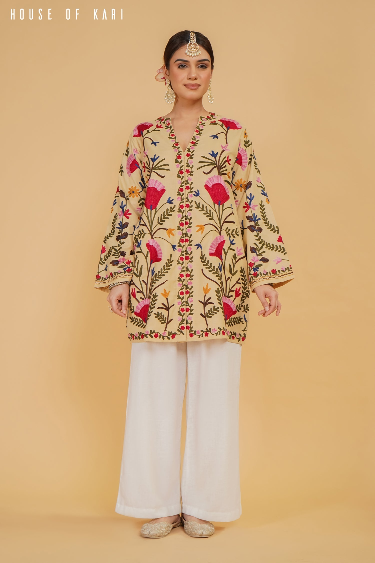 Plus Size - Kashmiri Aari Work Cotton Kurta Jacket – Beige