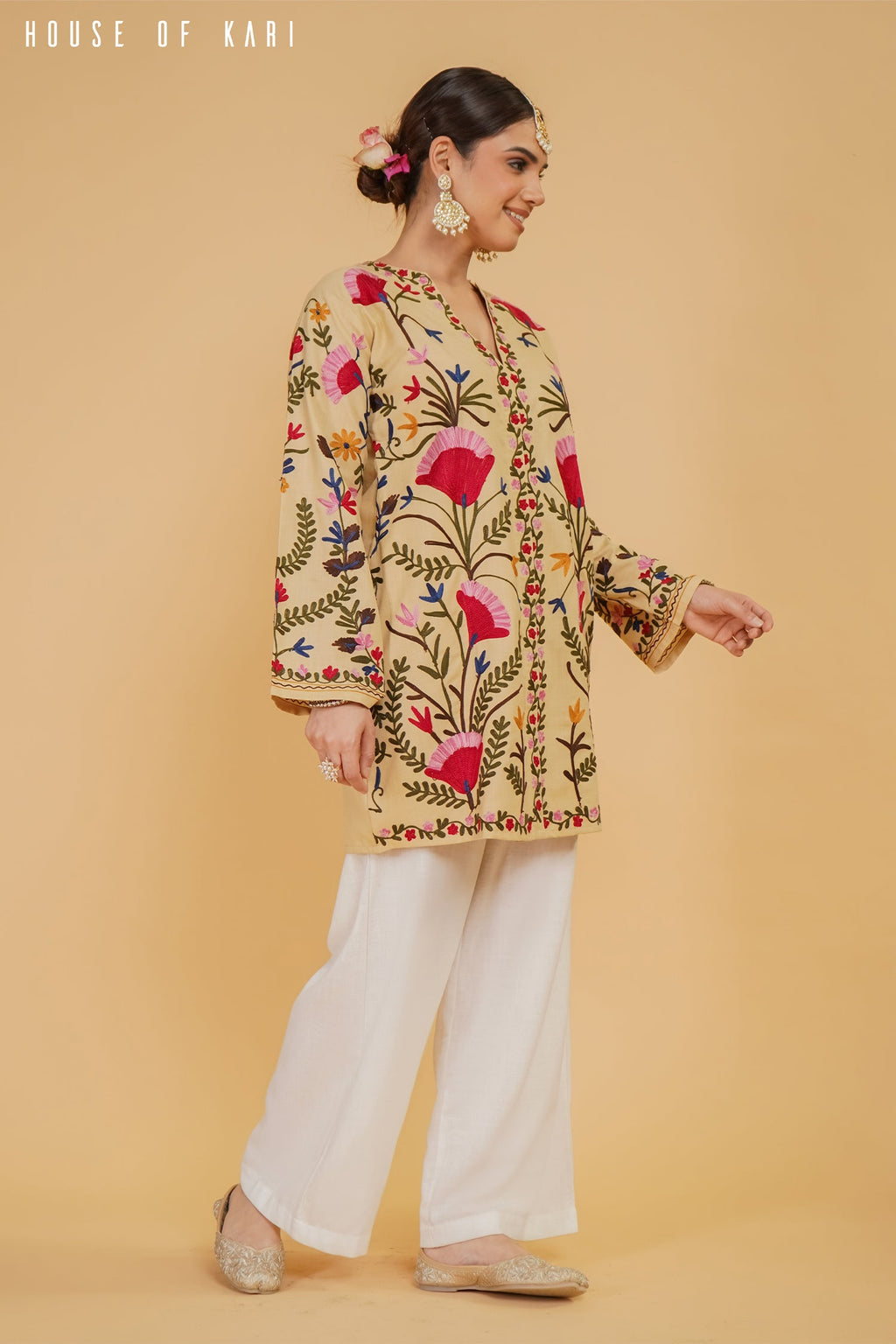 Plus Size - Kashmiri Aari Work Cotton Kurta Jacket – Beige