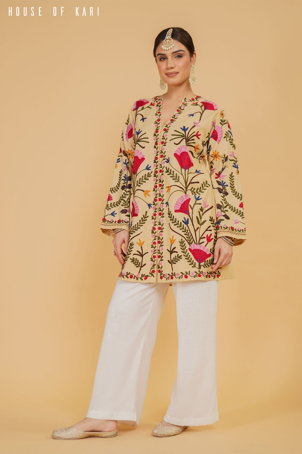 Plus Size - Kashmiri Aari Work Cotton Kurta Jacket – Beige