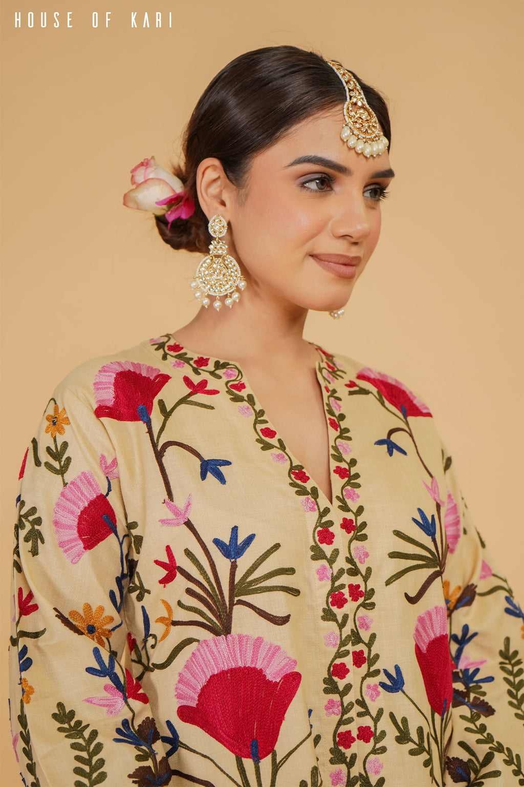Plus Size - Kashmiri Aari Work Cotton Kurta Jacket – Beige