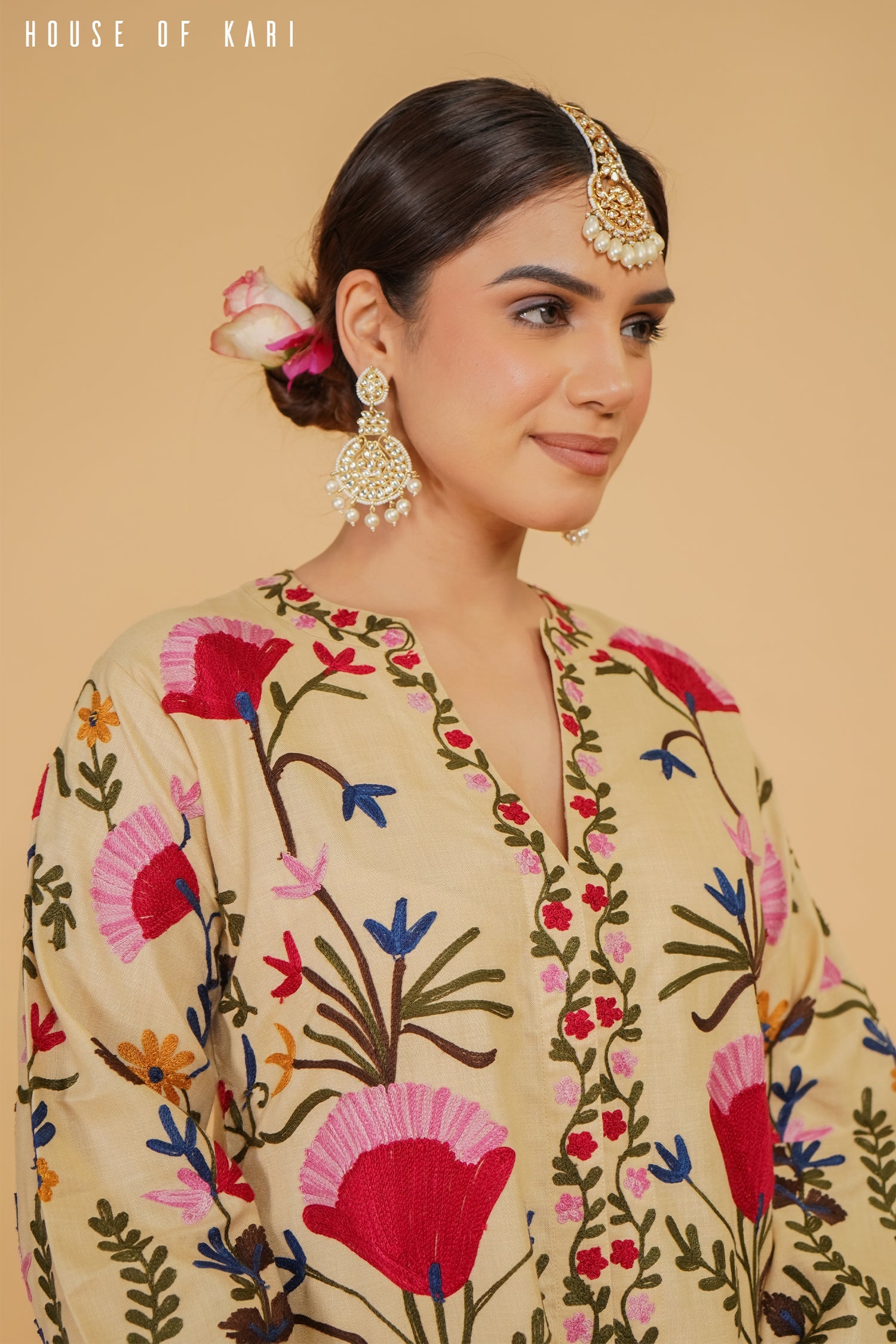 Plus Size - Kashmiri Aari Work Cotton Kurta Jacket – Beige