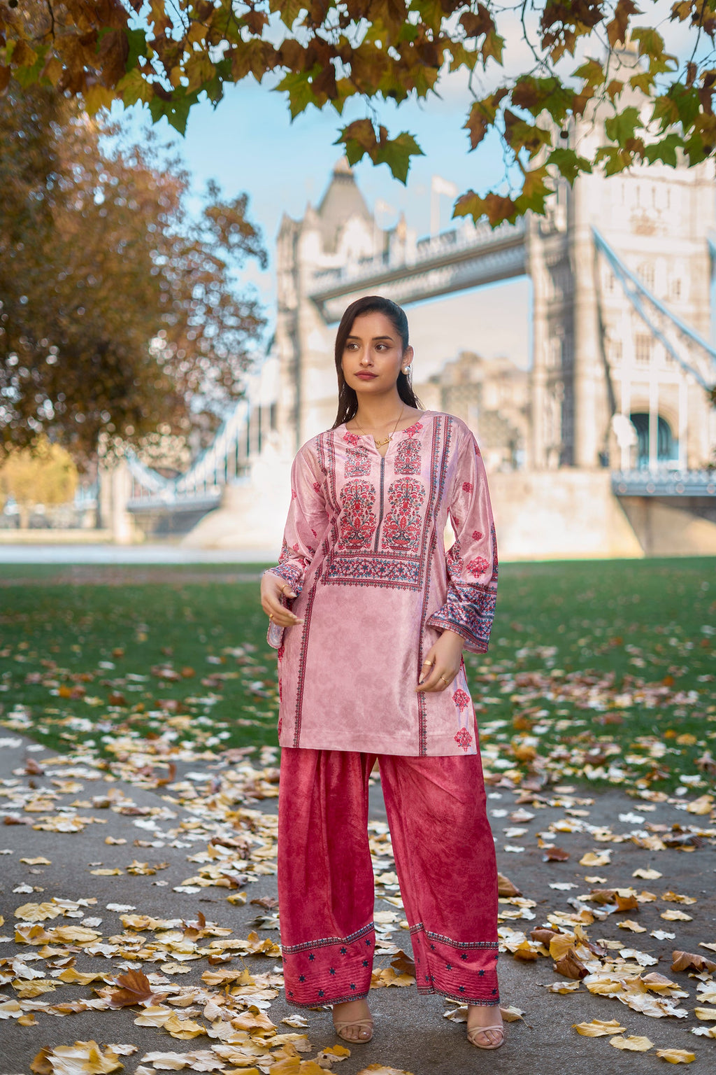 Velvet Printkari Coord Set with Farsi Bottoms – Rose Pink