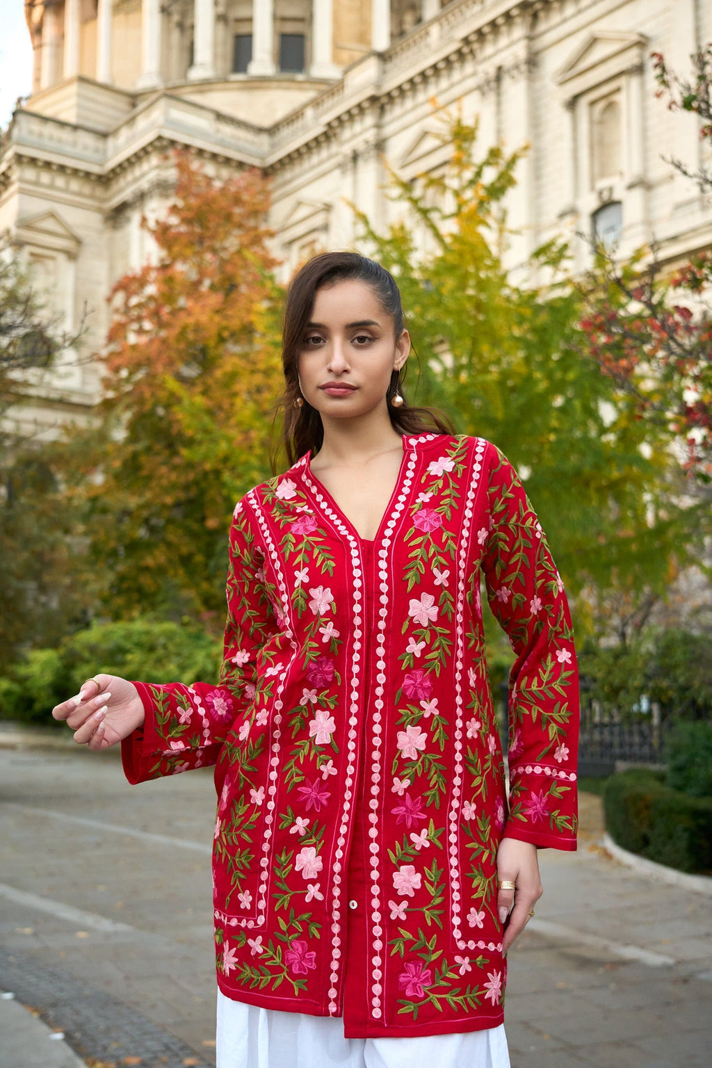 Cotton Kashmiri Aari Embroidered Jacket – Red Floral