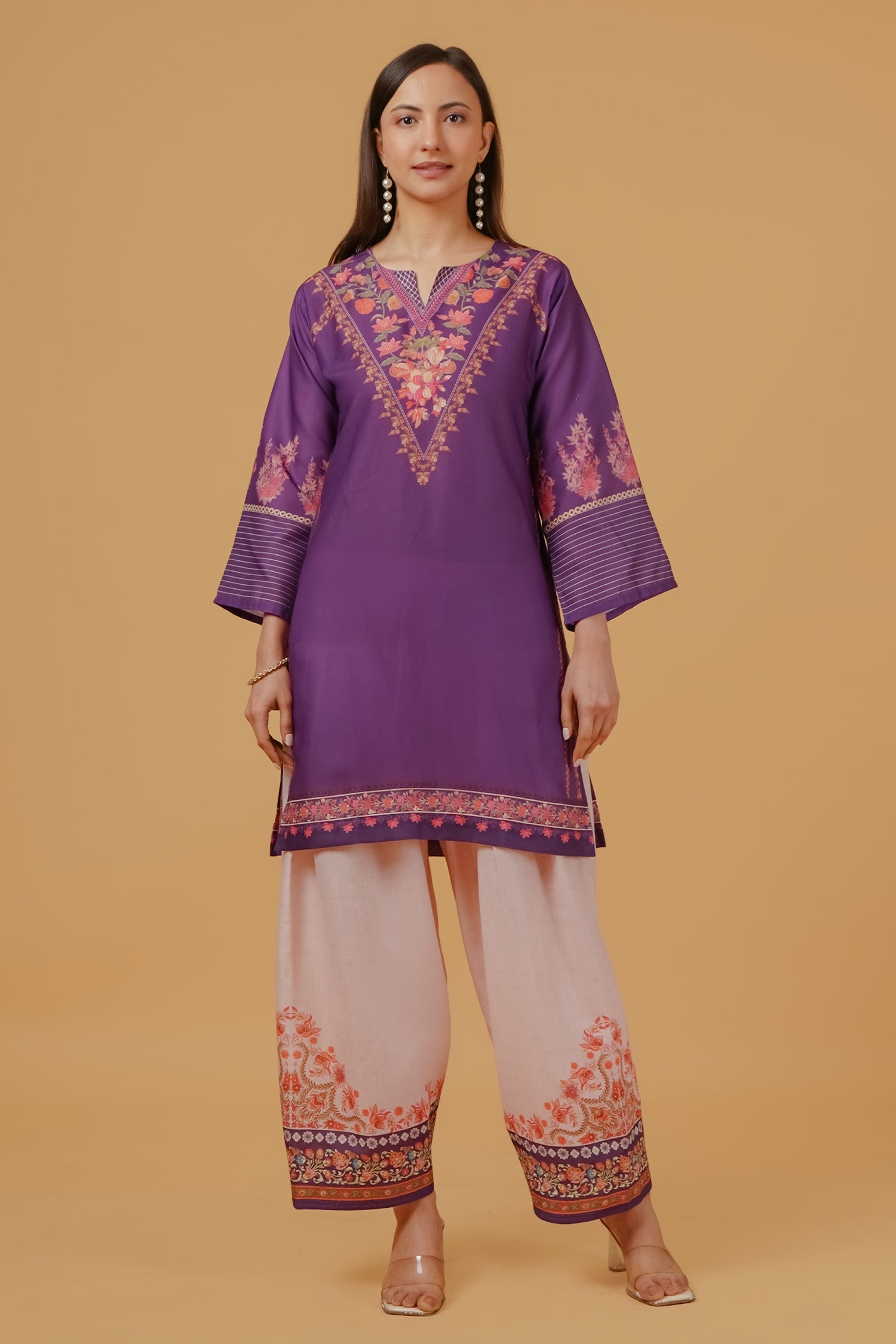 Plus Size - Purple Floral Printed  Lawn Cotton Co-ord Set