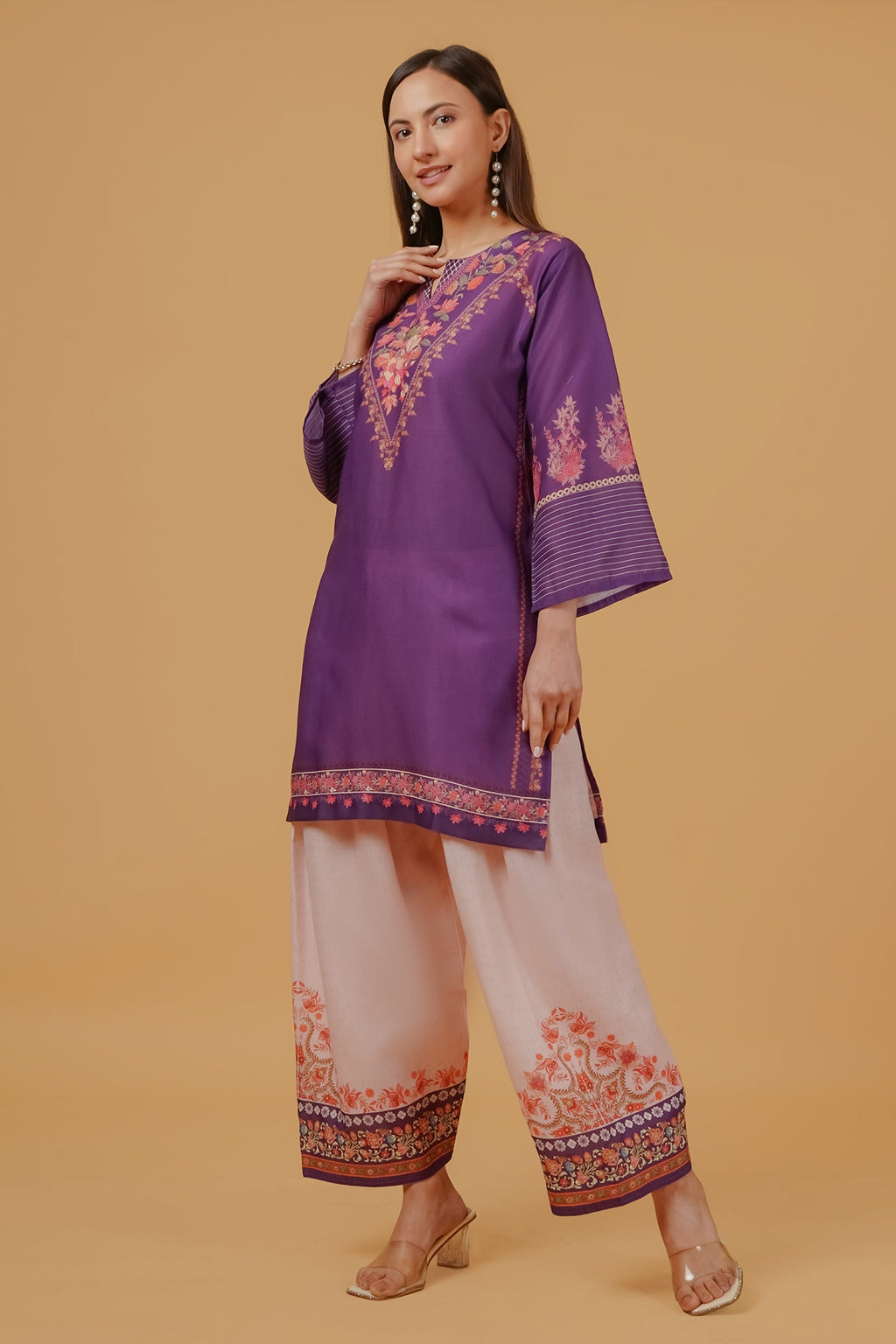 Plus Size - Purple Floral Printed  Lawn Cotton Co-ord Set