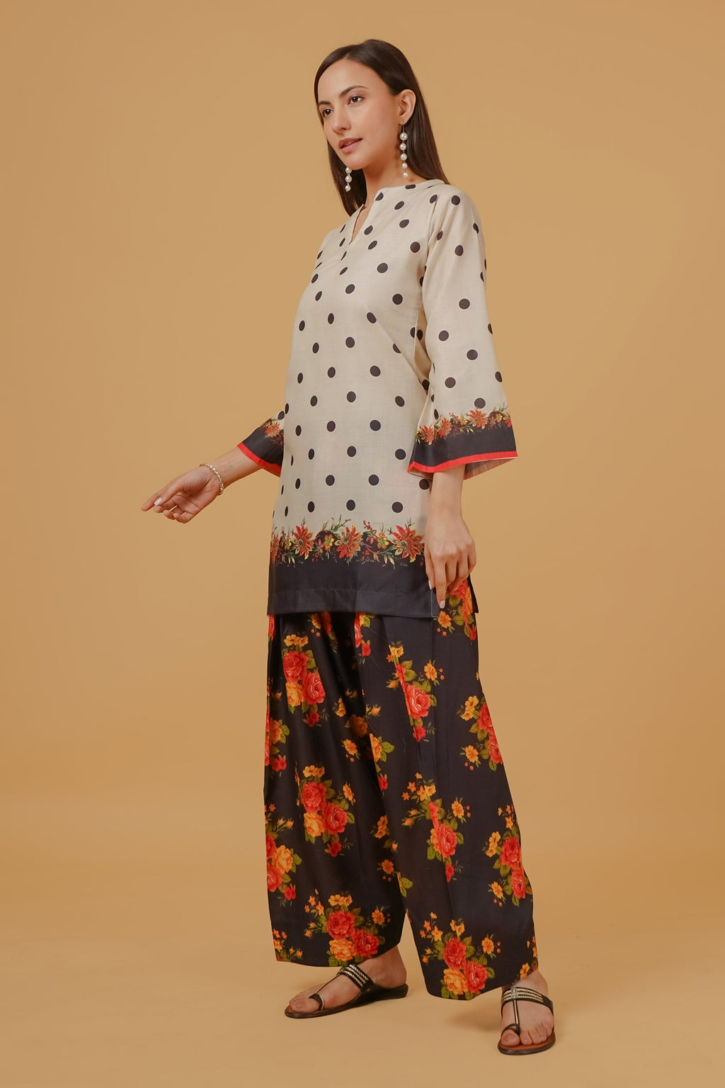 Plus Size - Ivory Polka Floral Printed Lawn Cotton Co-ord Set