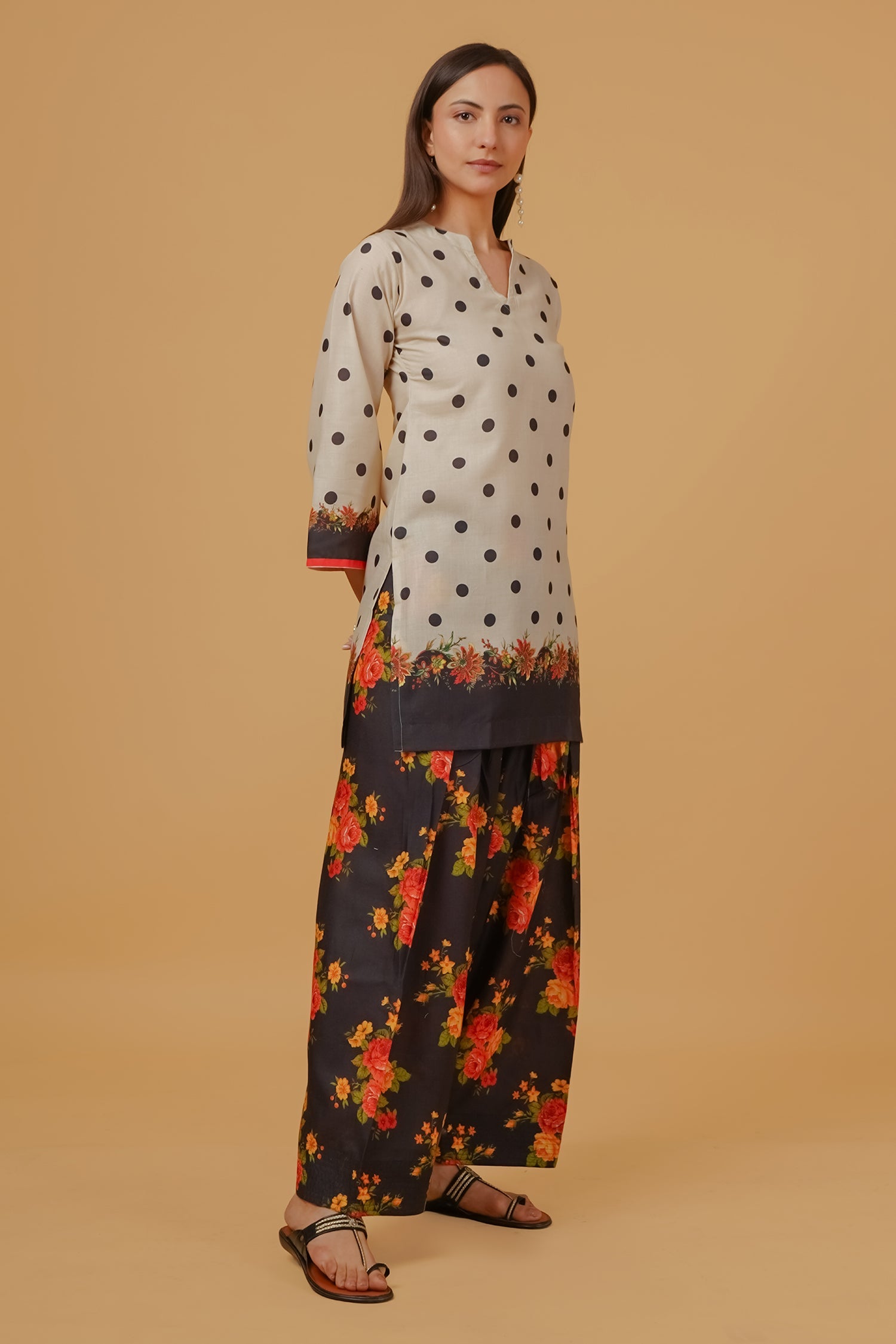Plus Size - Ivory Polka Floral Printed Lawn Cotton Co-ord Set