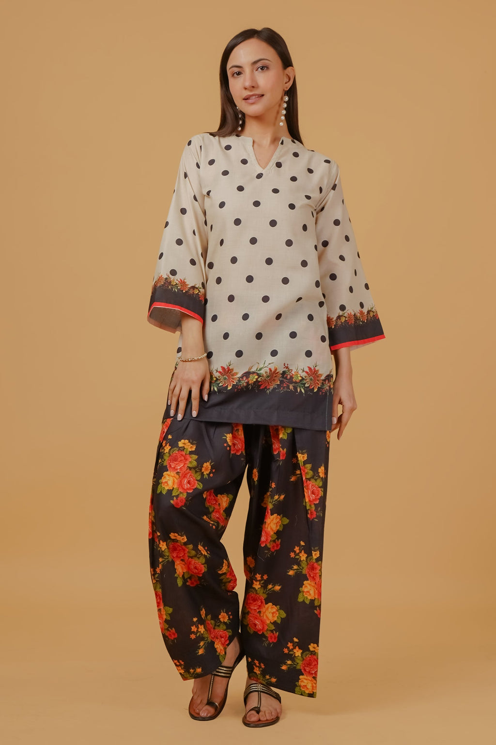 Ivory Polka Floral Printed Lawn Cotton Co-ord Set