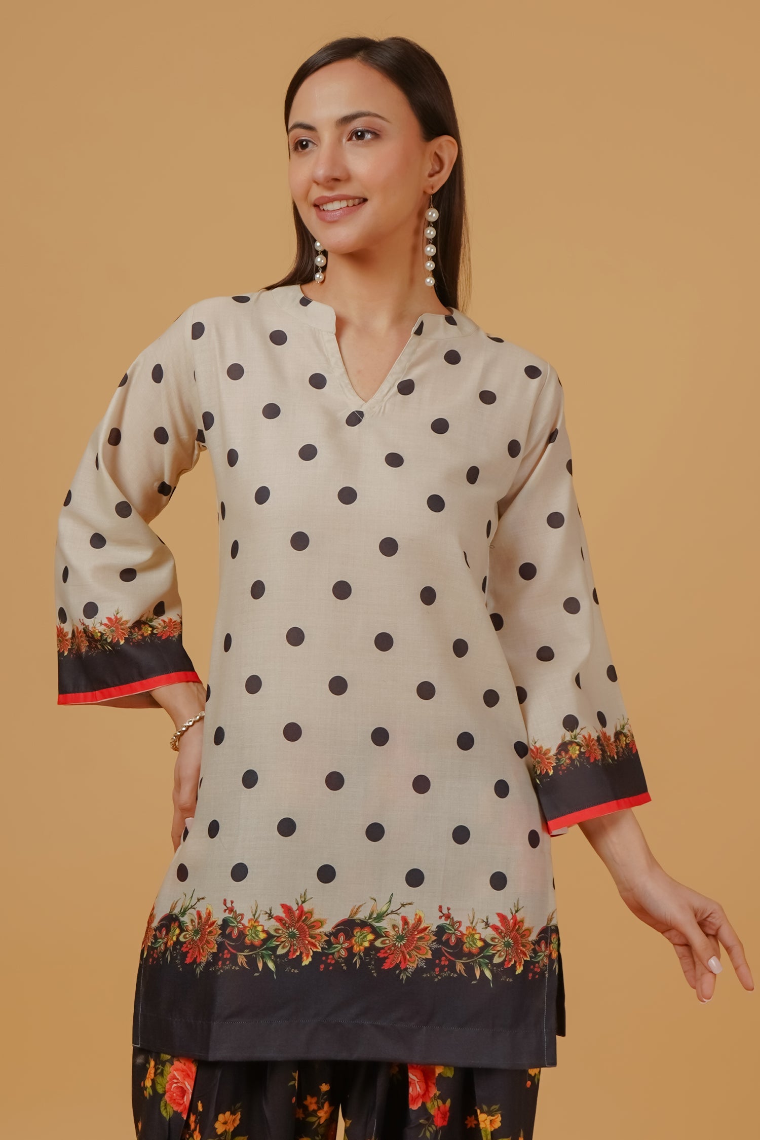 Ivory Polka Floral Printed Lawn Cotton Co-ord Set