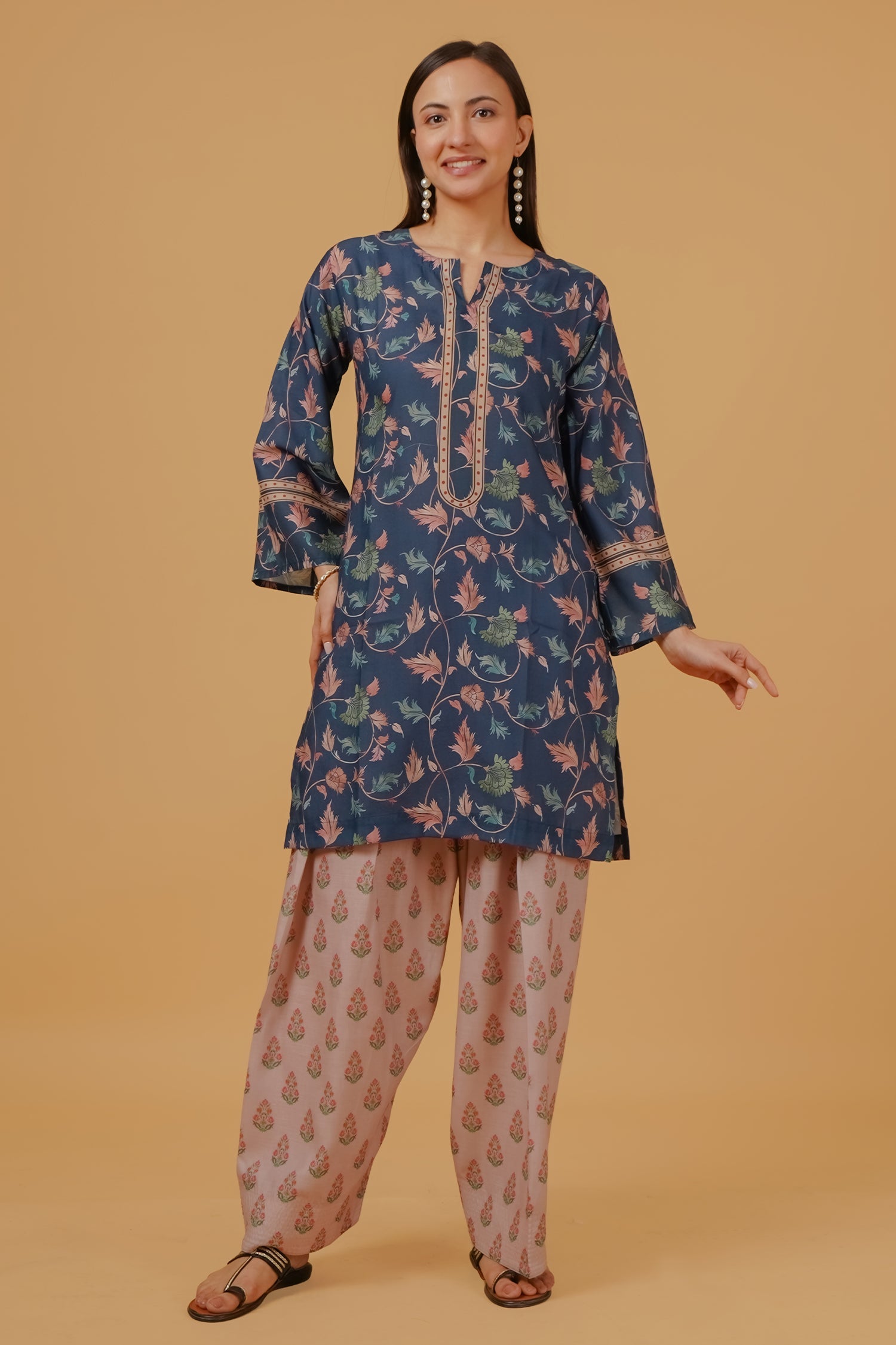 Plus Size - Teal Floral Printed  Lawn Cotton Co-ord Set