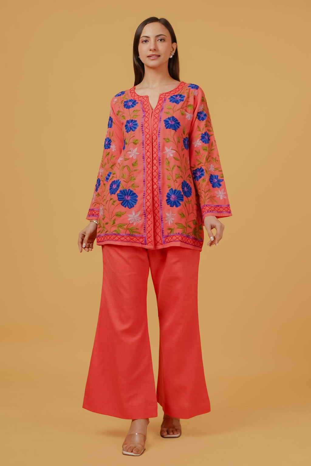 Cotton Kashmiri Aari Embroidered Jacket - Peach