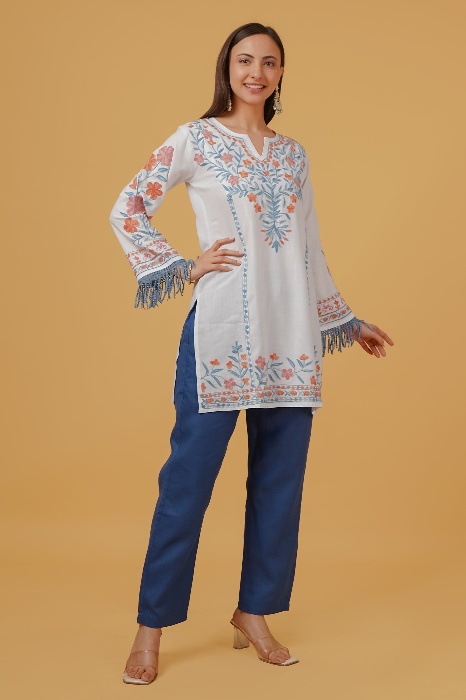 Cotton Kashmiri Aari Embroidered Kurta - White With Blue