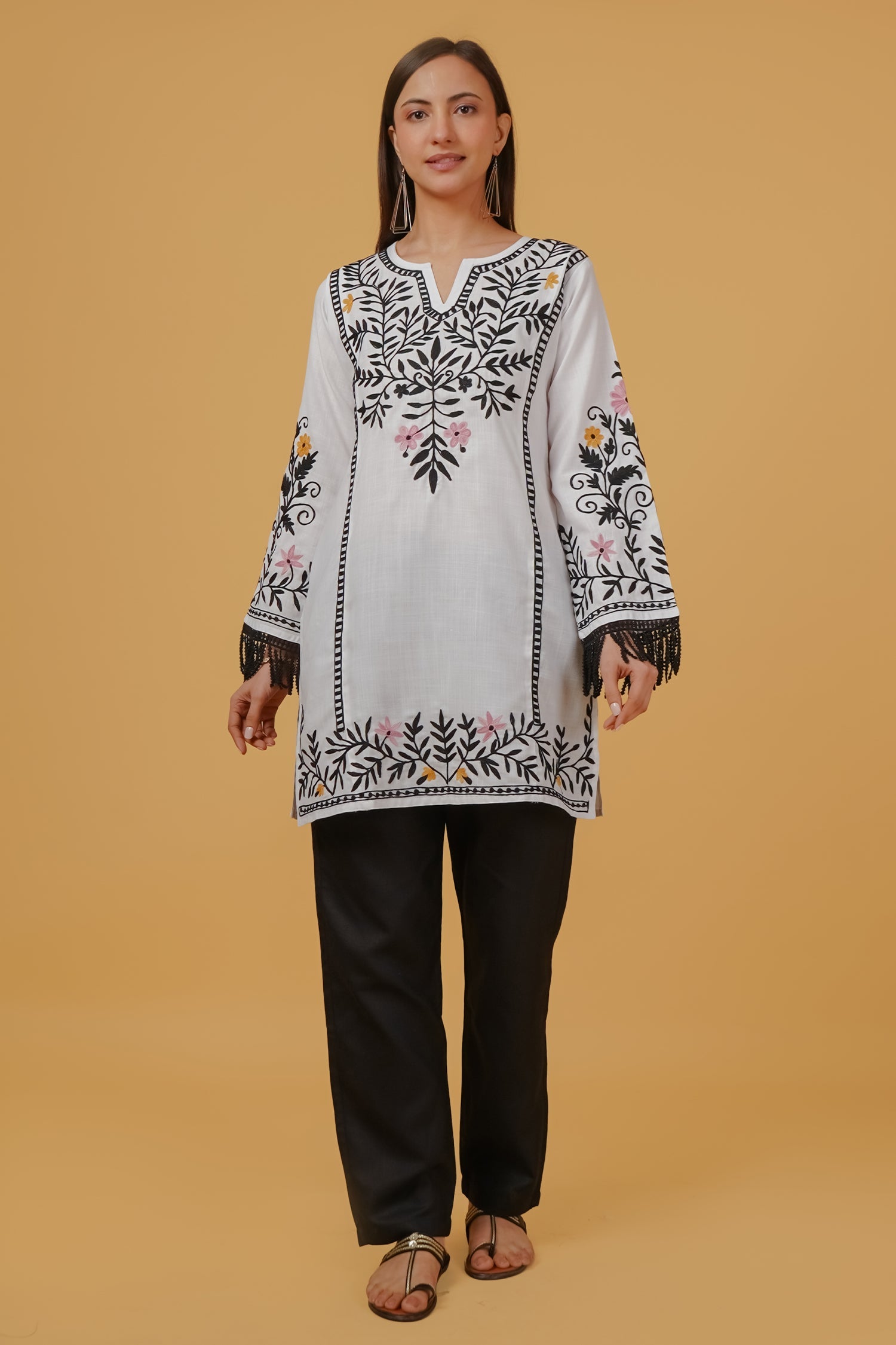 Cotton Kashmiri Aari Embroidered Kurta- White With Black