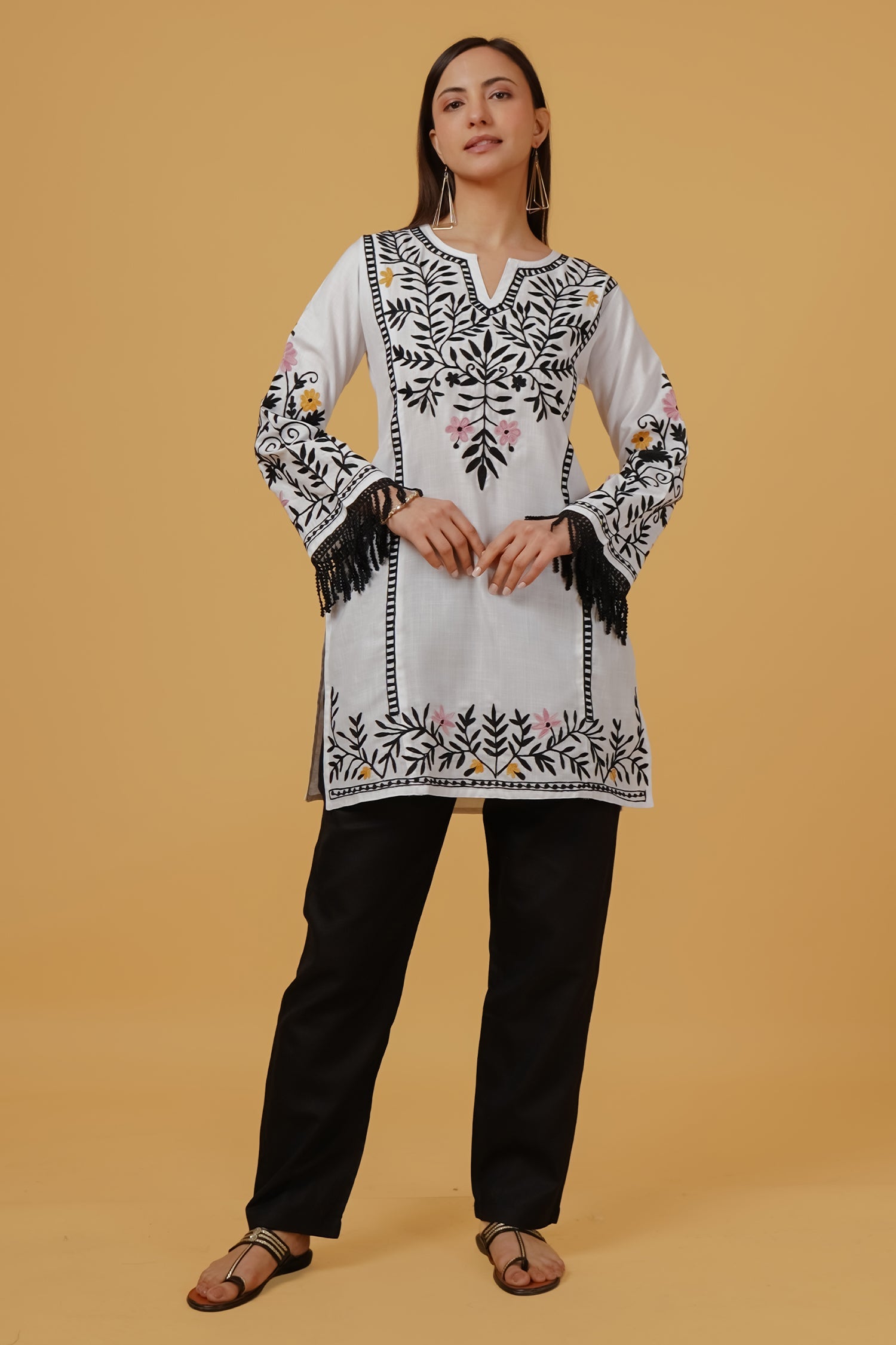 Cotton Kashmiri Aari Embroidered Kurta- White With Black