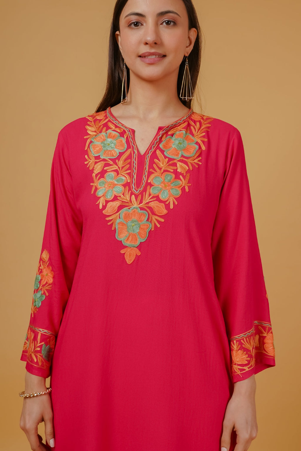 Kashmiri Aari Embroidered Long Kurta in Rayon - Pink
