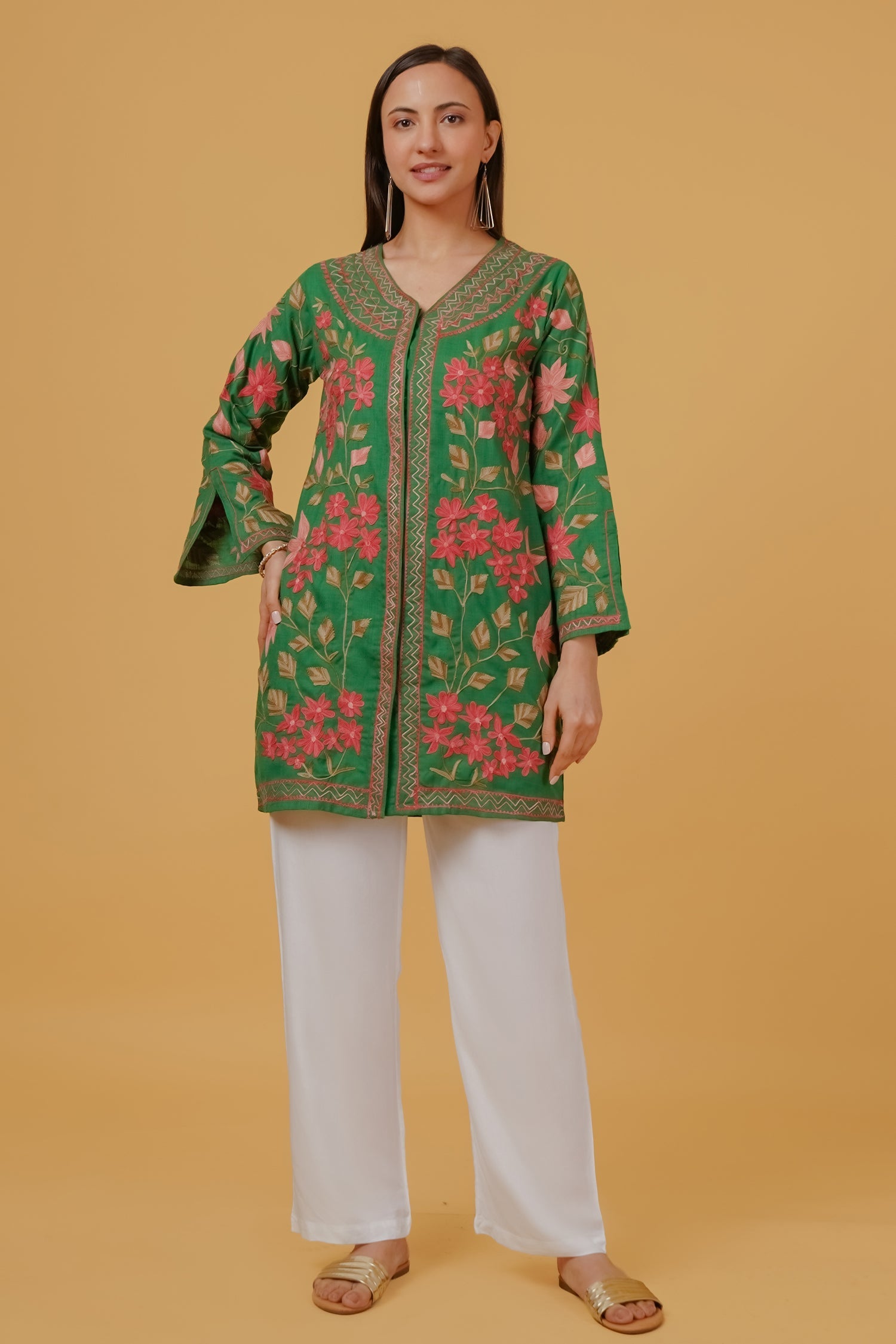 Cotton Kashmiri Aari Embroidered Jacket – Green