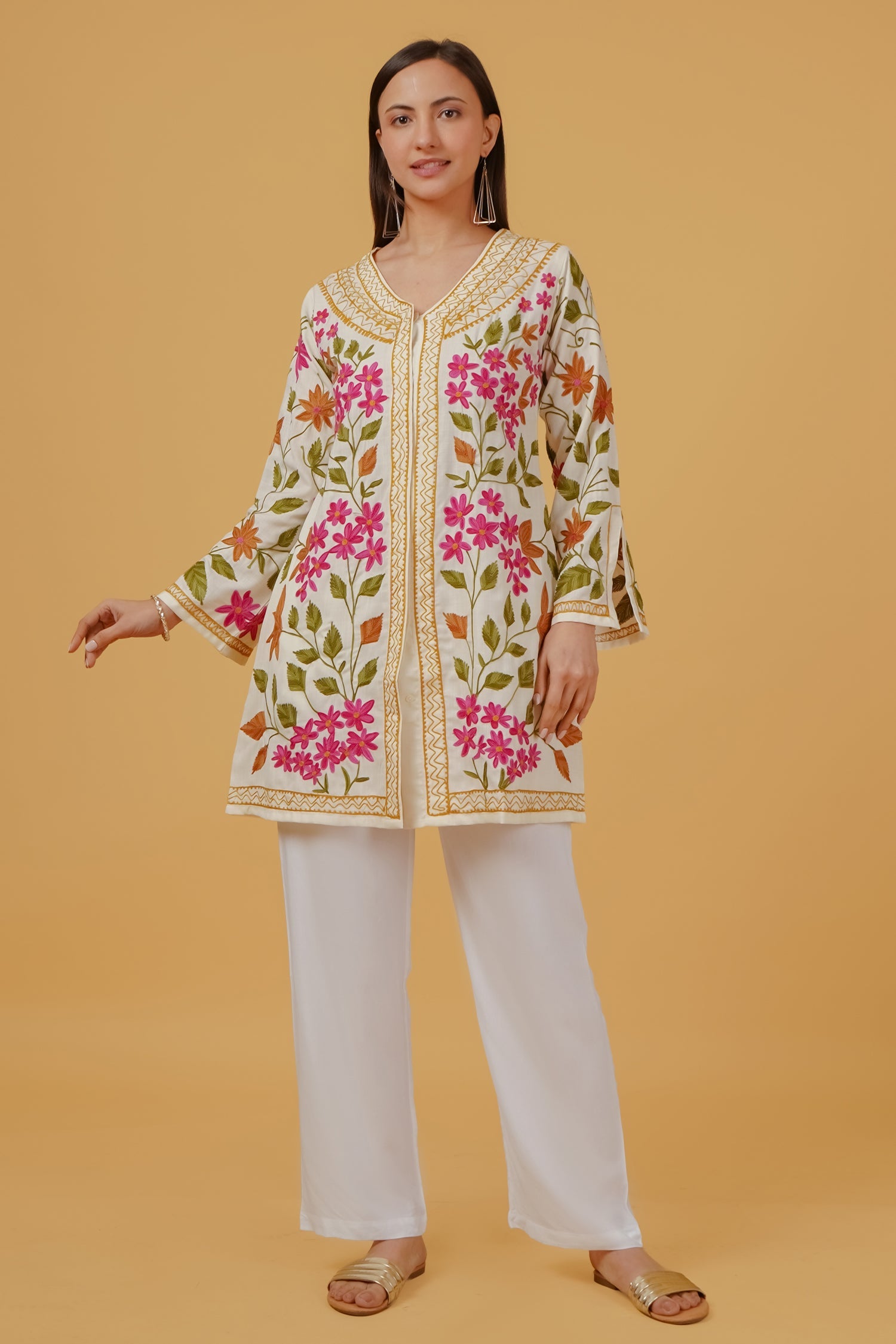Cotton Kashmiri Aari Embroidered Jacket – Off White