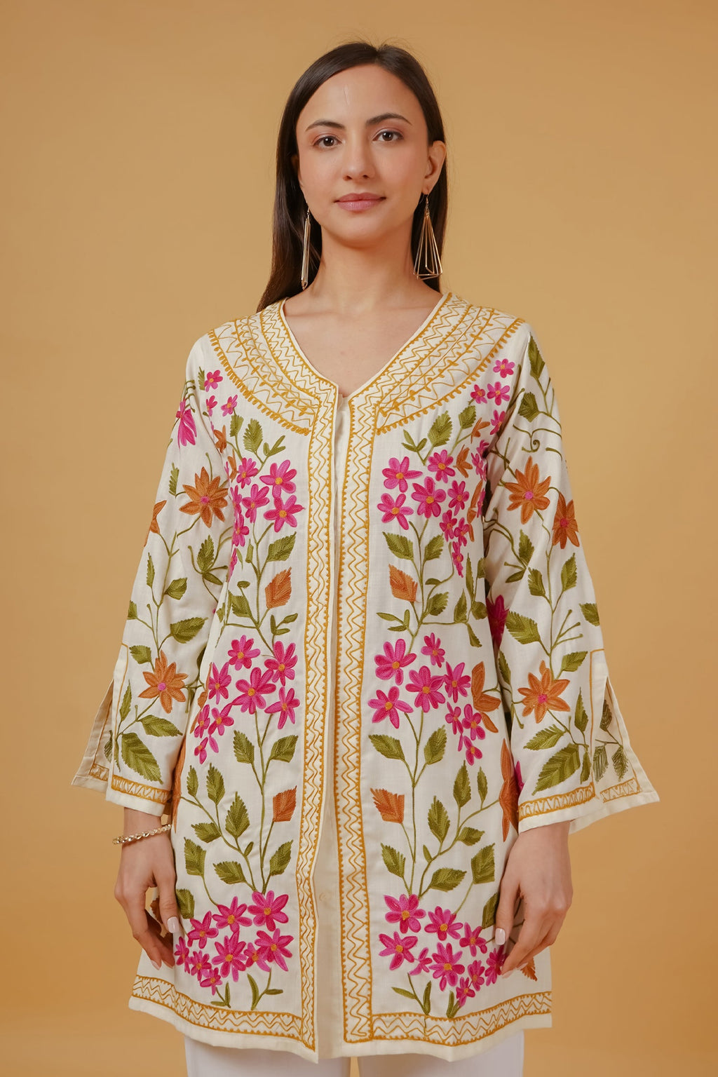 Cotton Kashmiri Aari Embroidered Jacket – Off White