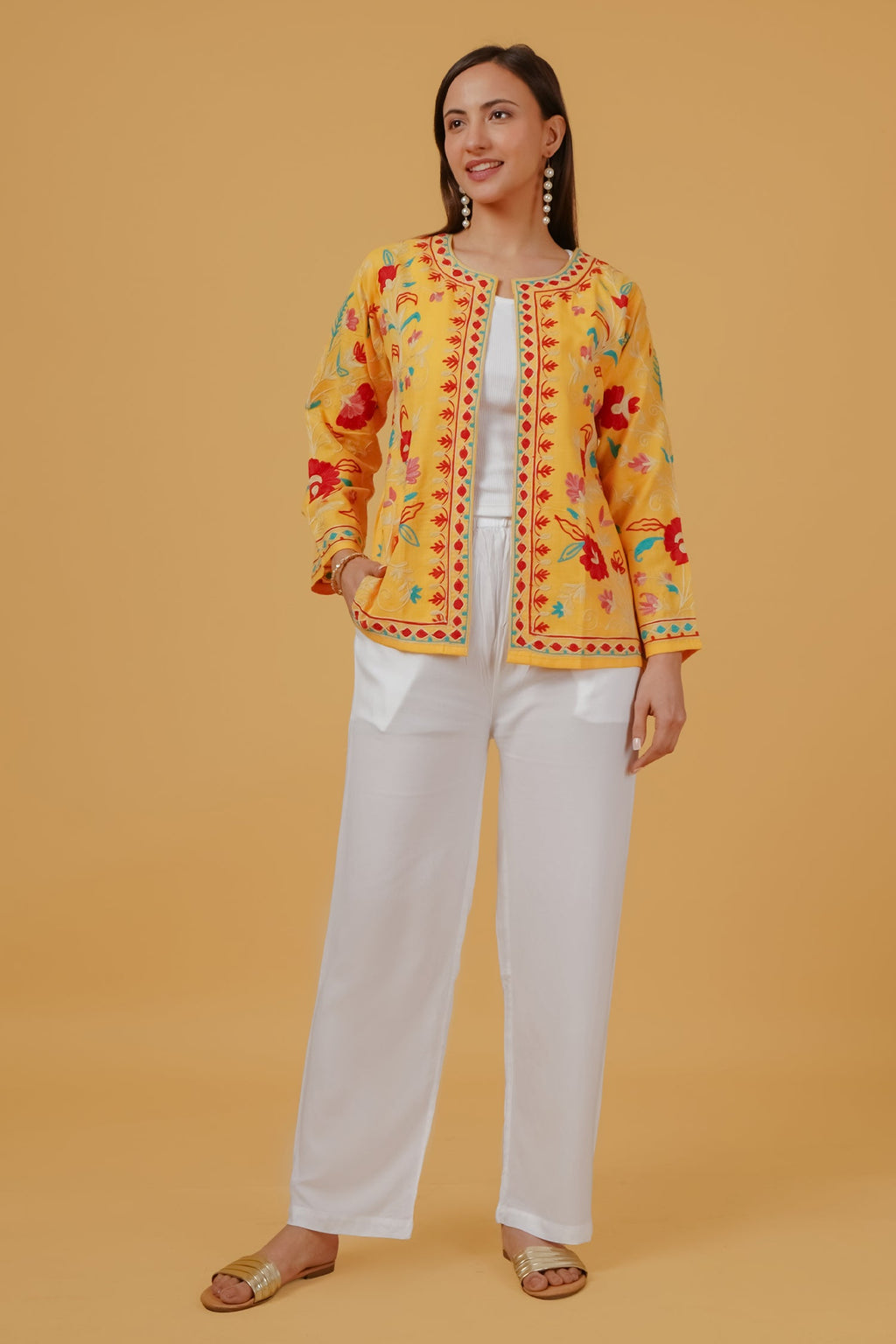 Cotton Kashmiri Aari Embroidered Jacket – Mustard