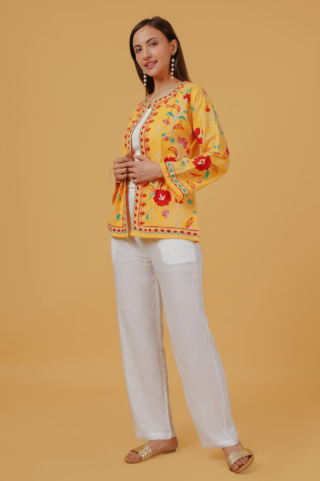Cotton Kashmiri Aari Embroidered Jacket – Mustard