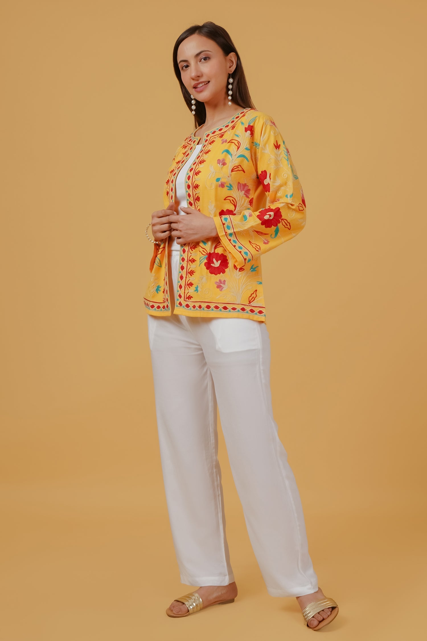 Cotton Kashmiri Aari Embroidered Jacket – Mustard