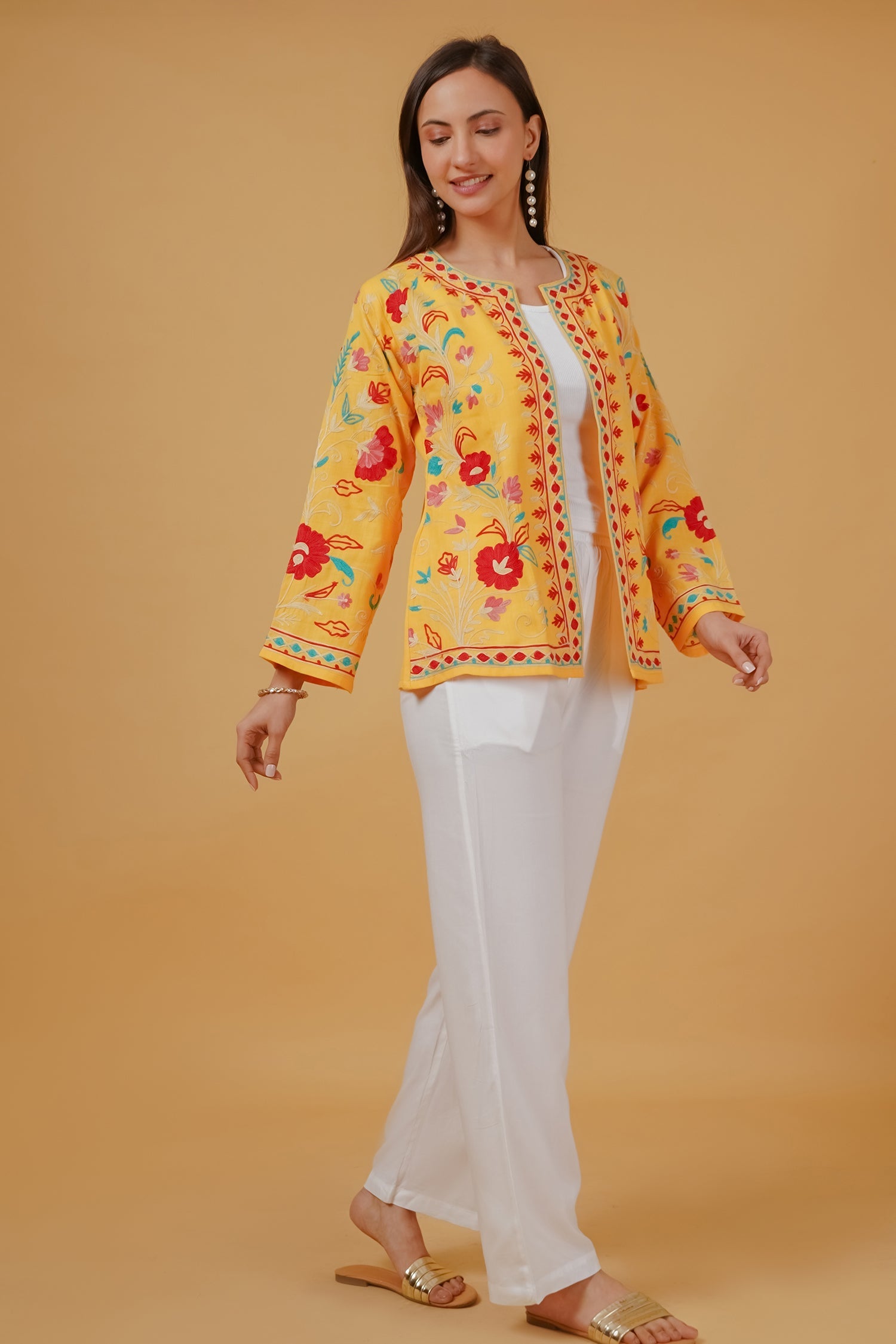 Cotton Kashmiri Aari Embroidered Jacket – Mustard