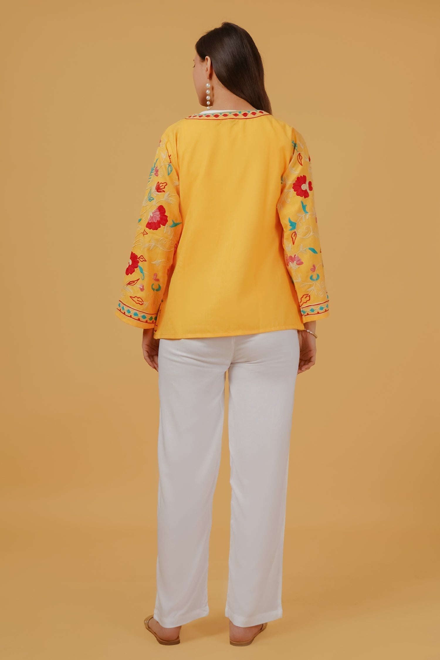 Cotton Kashmiri Aari Embroidered Jacket – Mustard